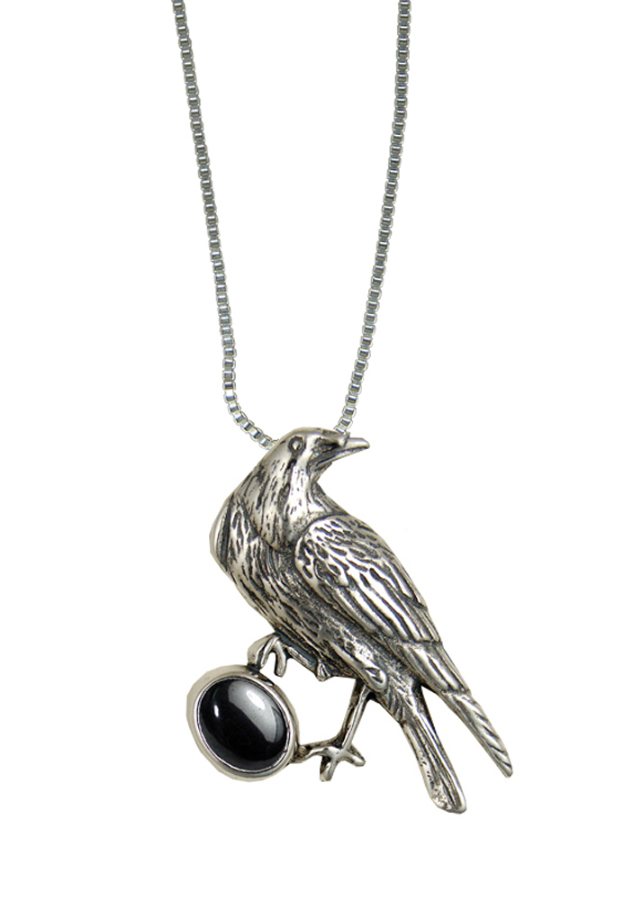 Sterling Silver Raven Pendant With Hematite